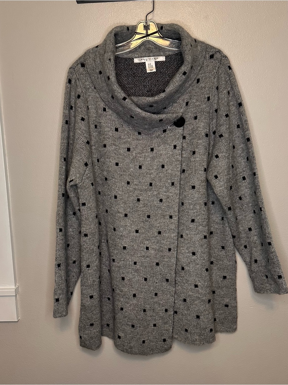 Max Studio Gray Sweater with Black Dot Pattern Cowl Neck Cardigan